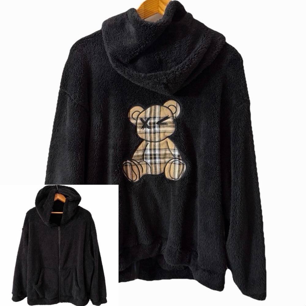SHEIN Curve Womens Plus 3X Sherpa Hoodie Jacket Plaid Teddy Patch Back Soft Cozy